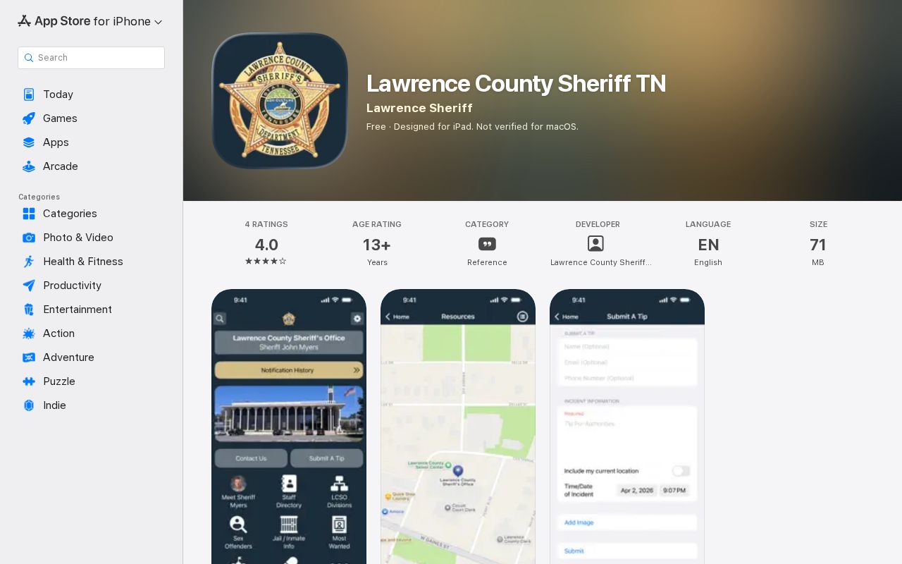 Apple App Store listing for the official Lawrence County Sheriff Tennessee mobile app