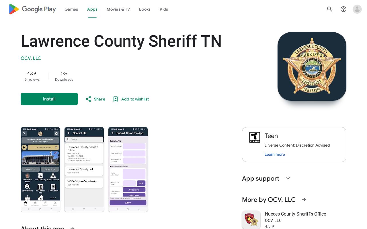 Google Play listing for the official Lawrence County Sheriff Tennessee app showing its jail information tile