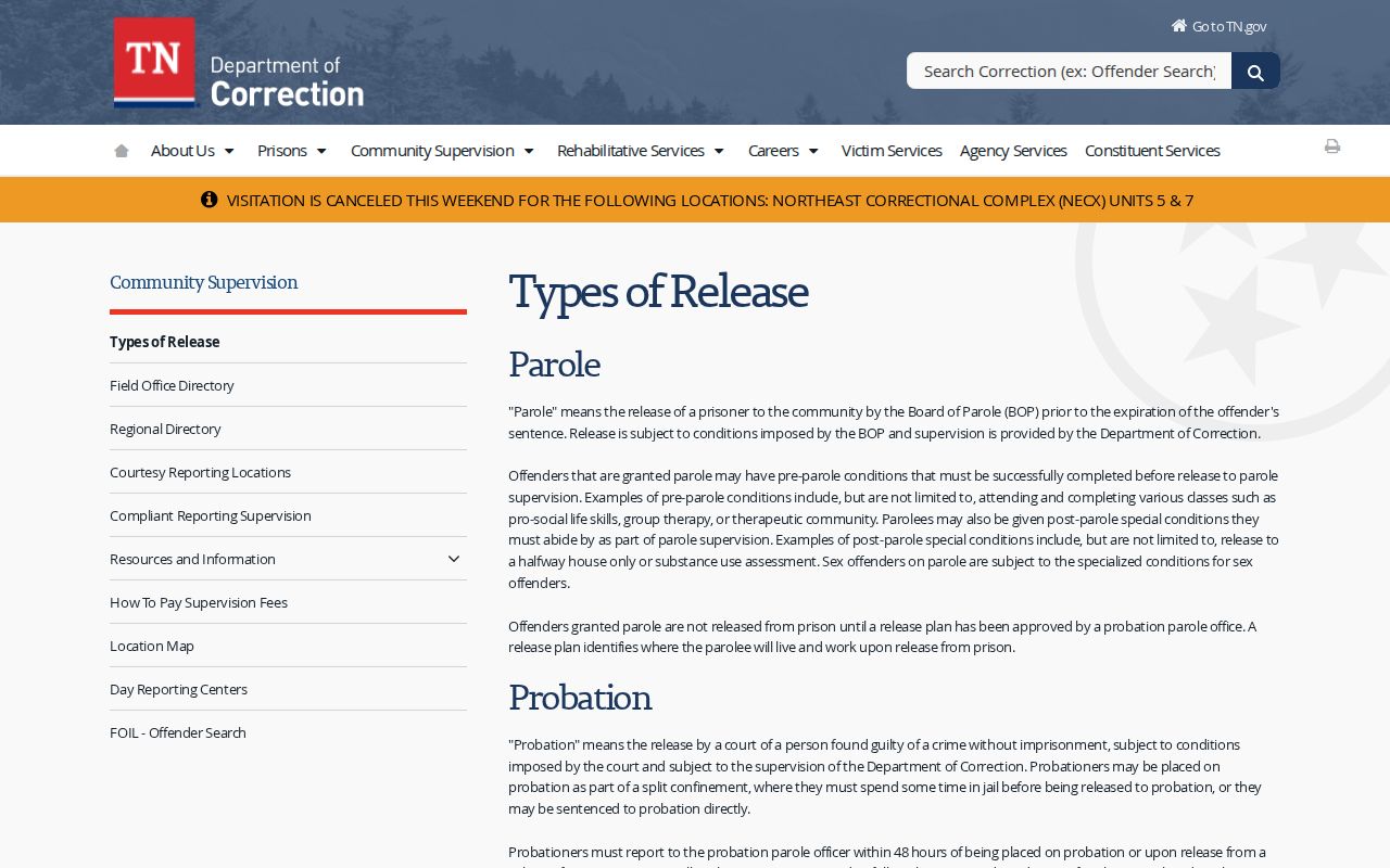 Tennessee release eligibility information for a Lawrence County projected release date