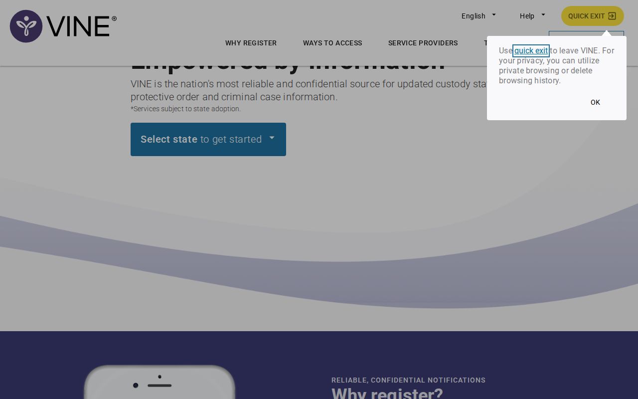 Lawrence County VINELink inmate check state selection screen